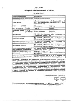26588-Сертификат Урдокса 500, таблетки покрыт.плен.об. 500 мг 50 шт-1