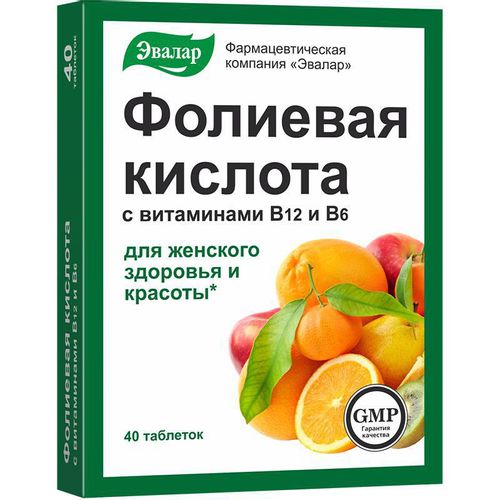 ЭВАЛАР ФОЛИЕВАЯ КИСЛОТА С ВИТАМИНАМИ В12 И В6 ТАБЛЕТКИ 0,22 Г №40