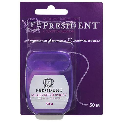 PRESIDENT ЗУБН НИТЬ FLOSS НЕВОЩЕНАЯ C ХЛОРГЕКСИДИНОМ ЗУБНАЯ НИТЬ 50 М №1