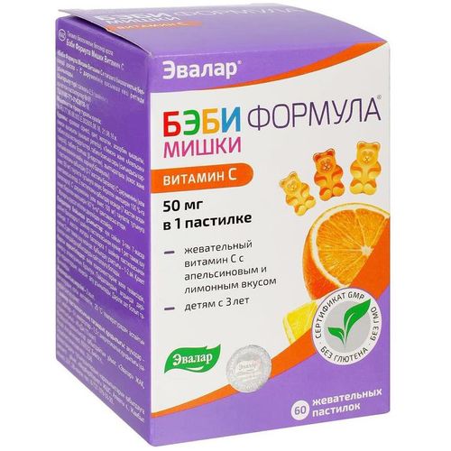 ЭВАЛАР БЭБИ ФОРМУЛА МИШКИ ВИТАМИН С ПАСТИЛКИ ЖЕВАТЕЛЬНЫЕ [АПЕЛЬСИН-ЛИМОН] 50 МГ 2,5 Г №60
