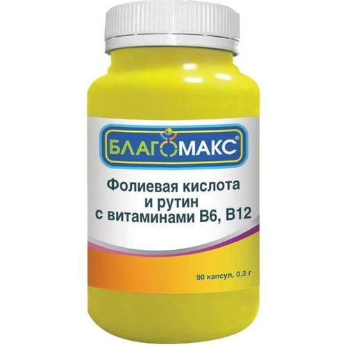 БЛАГОМАКС "ФОЛИЕВАЯ КИСЛОТА И РУТИН С ВИТ.В6, В12" КАПСУЛЫ  0,3 Г №90