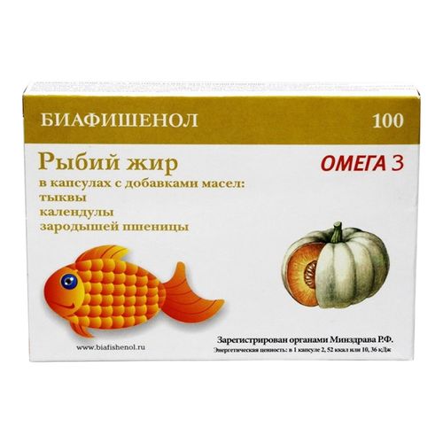 БИАФИШЕНОЛ РЫБИЙ ЖИР С МАСЛОМ ТЫКВЫ, КАЛЕНДУЛЫ КАПСУЛЫ 300 МГ №100