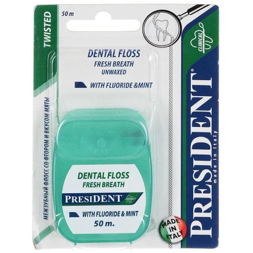 PRESIDENT ЗУБН НИТЬ FLOSS НЕВОЩЕНАЯ С МЯТОЙ И ФТОРОМ ЗУБНАЯ НИТЬ 50 М №1