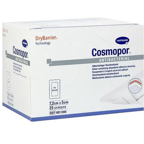 COSMOPOR ANTIBACTERIAL ПОВЯЗКА СЕРЕБРОСОДЕРЖАЩАЯ САМОКЛЕЯЩАЯСЯ С ВПИТЫВАЮЩЕЙ ПОДУШЕЧКОЙ 7.2 СМ X 5 СМ ПОВЯЗКИ ПЛАСТЫРНОГО ТИПА   №25