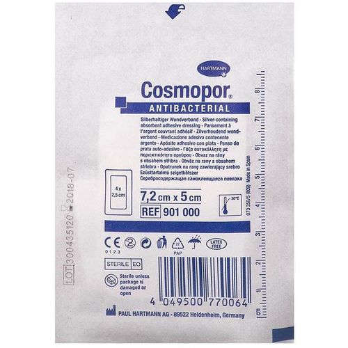 COSMOPOR ANTIBACTERIAL ПОВЯЗКА СЕРЕБРОСОДЕРЖАЩАЯ САМОКЛЕЯЩАЯСЯ С ВПИТЫВАЮЩЕЙ ПОДУШЕЧКОЙ 7.2 СМ X 5 СМ ПОВЯЗКИ ПЛАСТЫРНОГО ТИПА №1