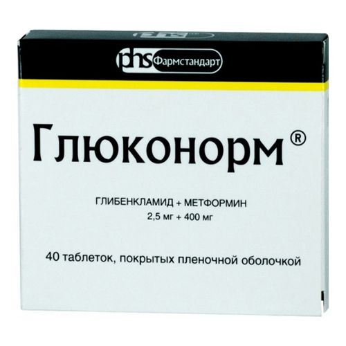 ГЛЮКОНОРМ ТАБЛЕТКИ ПОКРЫТЫЕ ПЛЕНОЧНОЙ ОБОЛОЧКОЙ 2,5 МГ+400 МГ   №40