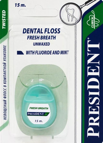 PRESIDENT ЗУБН НИТЬ FLOSS НЕВОЩЕНАЯ С МЯТОЙ И ФТОРОМ ЗУБНАЯ НИТЬ 15 М №1