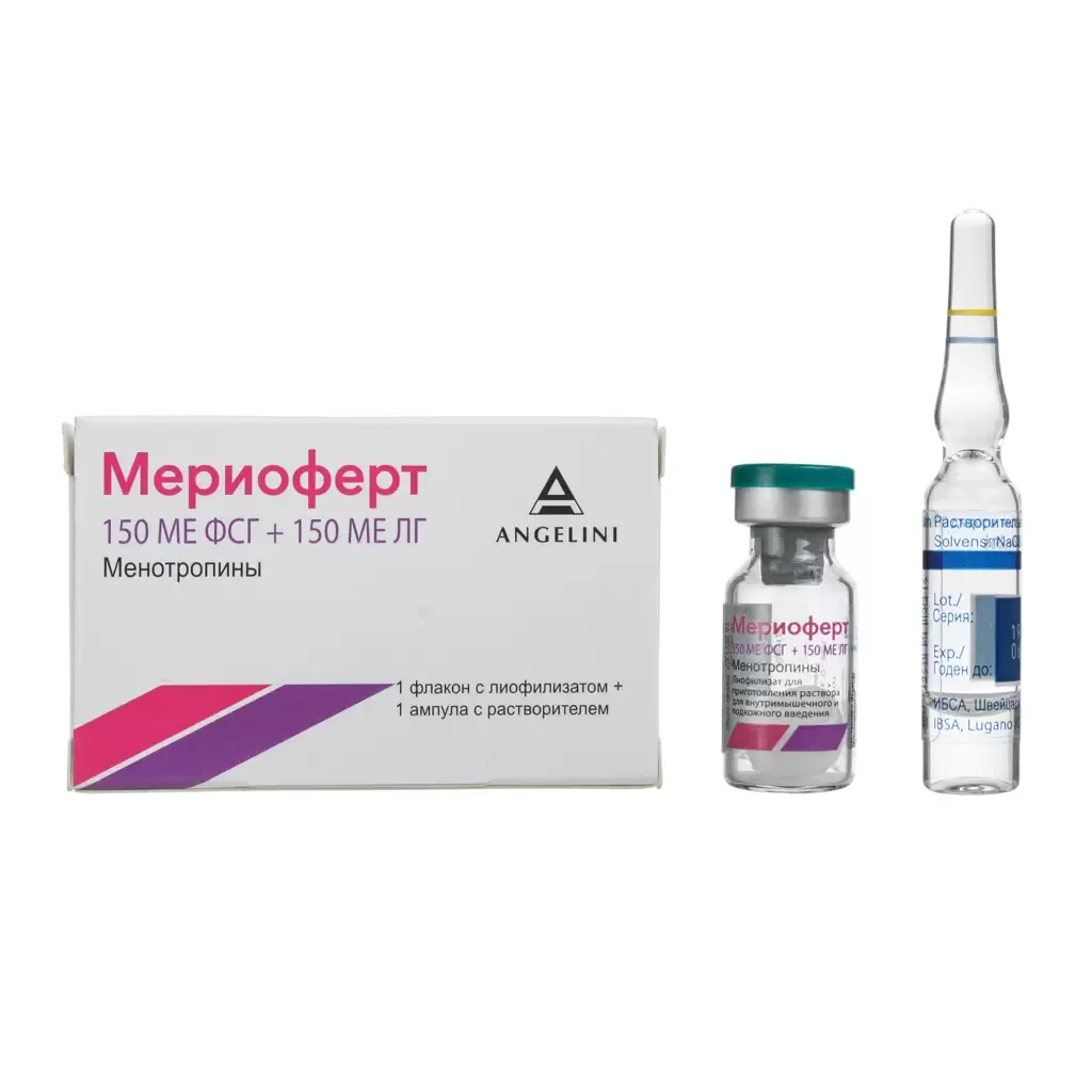 МЕРИОФЕРТ ЛИОФИЛИЗАТ ДЛЯ ПРИГОТОВЛЕНИЯ РАСТВОРА ДЛЯ ВНУТРИМЫШЕЧНОГО И ПОДКОЖНОГО ВВЕДЕНИЯ 150 МЕ ФСГ+150 МЕ ЛГ 1 МЛ №1