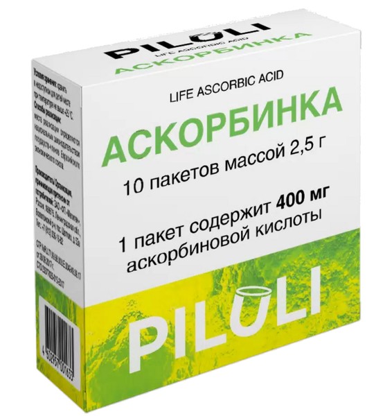 PILULI АСКОРБИНКА LIFE ASCORBIC ACID ПОРОШОК ДЛЯ ПРИГОТОВЛЕНИЯ РАСТВОРА ДЛЯ ПРИЕМА ВНУТРЬ 400 МГ 2,5 Г №10