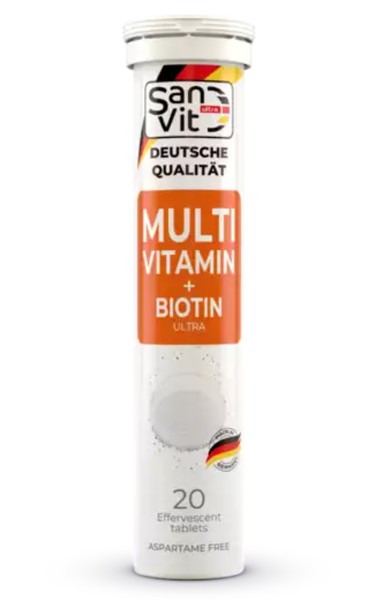SAN ULTRA VIT МУЛЬТИВИТАМИНЫ+БИОТИН УЛЬТРА ТАБЛЕТКИ ШИПУЧИЕ [ПЕРСИК-МАРАКУЙЯ]  4 Г №20
