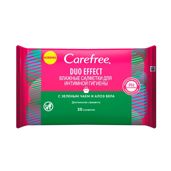 CAREFREE DUO EFFECT САЛФЕТКИ ВЛАЖНЫЕ Д/ИНТИМНОЙ ГИГИЕНЫ ЗЕЛЕНЫЙ ЧАЙ/АЛОЭ САЛФЕТКИ ГИГИЕНИЧЕСКИЕ   №20