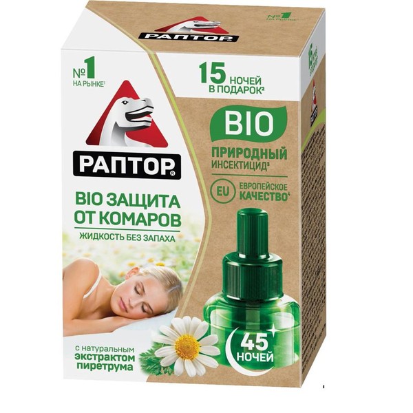 РАПТОР BIO ЖИДКОСТЬ ДЛЯ ФУМИГАТОРА ОТ КОМАРОВ БЕЗ ЗАПАХА 45 НОЧЕЙ ЖИДКОСТЬ ДЛЯ ФУМИГАТОРА 28 МЛ №1