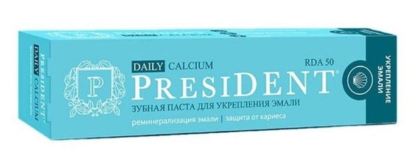 PRESIDENT ЗУБНАЯ ПАСТА DAILY CALCIUM 50 RDA ДЛЯ УКРЕПЛЕНИЯ ЭМАЛИ ЗУБНАЯ ПАСТА РЕМИНЕРАЛИЗУЮЩАЯ 68 Г №1