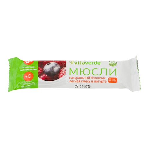 VITAVERDE МЮСЛИ В ЙОГУРТОВОЙ ГЛАЗУРИ ЛЕСНАЯ СМЕСЬ БАТОНЧИК 30 Г №1