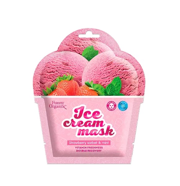 FUNNY ORGANIX ICE CREAM МАСКА-МОРОЖЕНОЕ Д/ЛИЦА ТКАНЕВАЯ ОХЛАЖДАЮЩАЯ STRAWBERRY SORBET AND MINT МОРОЗНАЯ СВЕЖЕСТЬ МАСКА ДЛЯ ЛИЦА 22 Г №1