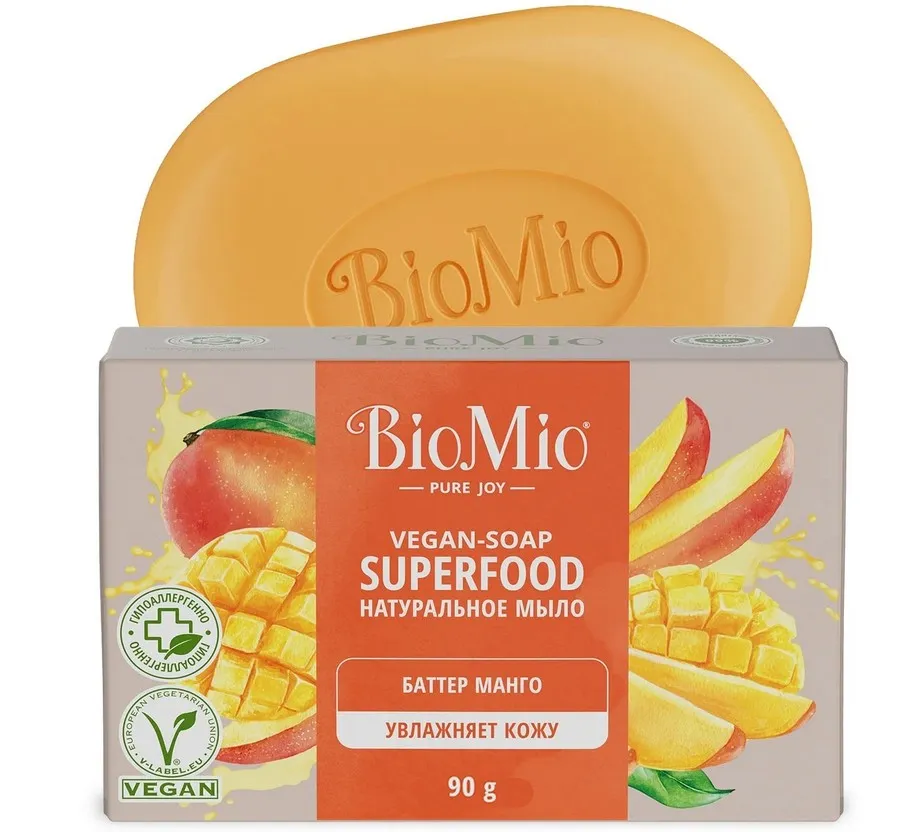 BIOMIO SUPERFOOD МЫЛО КУСКОВОЕ НАТУРАЛЬНОЕ С БАТТЕРОМ МАНГО КОСМЕТИЧЕСКОЕ МЫЛО 90 Г №1