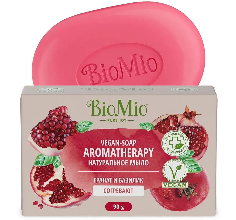 BIOMIO AROMATHERAPY МЫЛО КУСКОВОЕ НАТУРАЛЬНОЕ ГРАНАТ И ЭФИРН МАСЛО БАЗИЛИКА КОСМЕТИЧЕСКОЕ МЫЛО 90 Г №1