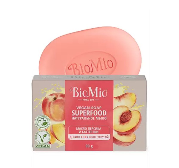 BIOMIO SUPERFOOD МЫЛО КУСКОВОЕ НАТУРАЛЬНОЕ С МАСЛОМ ПЕРСИКА И БАТТЕРОМ ШИ КОСМЕТИЧЕСКОЕ МЫЛО 90 Г №1