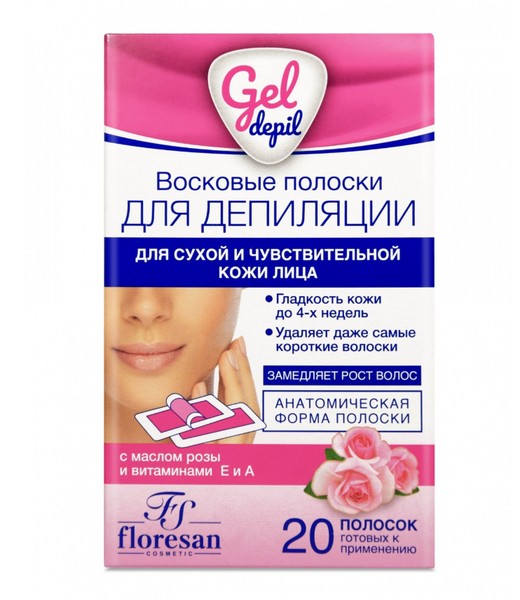 ФЛОРЕСАН GEL DEPIL ВОСКОВЫЕ ПОЛОСКИ Д/ДЕПИЛЯЦИИ ЛИЦА Д/ЧУВСТ КОЖИ МАСЛО РОЗЫ (Ф-607) КОСМЕТИЧЕСКИЙ ВОСК   №20
