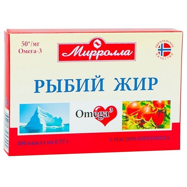 РЫБИЙ ЖИР МИРРОЛЛА С МАСЛОМ ШИПОВНИКА КАПСУЛЫ 370 МГ   №100