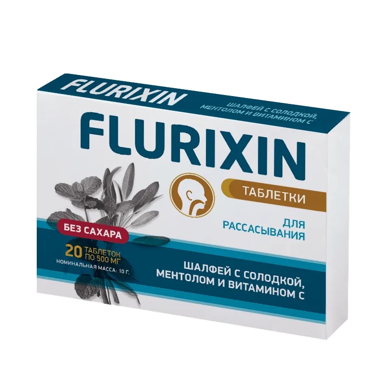 FLURIKSIN/ФЛЮРИКСИН ШАЛФЕЙ С СОЛОДКОЙ, МЕНТОЛОМ И ВИТАМИНОМ С ТАБЛЕТКИ ДЛЯ РАССАСЫВАНИЯ    №20
