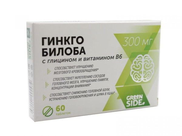 GREEN SIDE ГИНКГО БИЛОБА С ГЛИЦИНОМ И ВИТАМИНОМ В6 ТАБЛЕТКИ 80 МГ 300 МГ №60