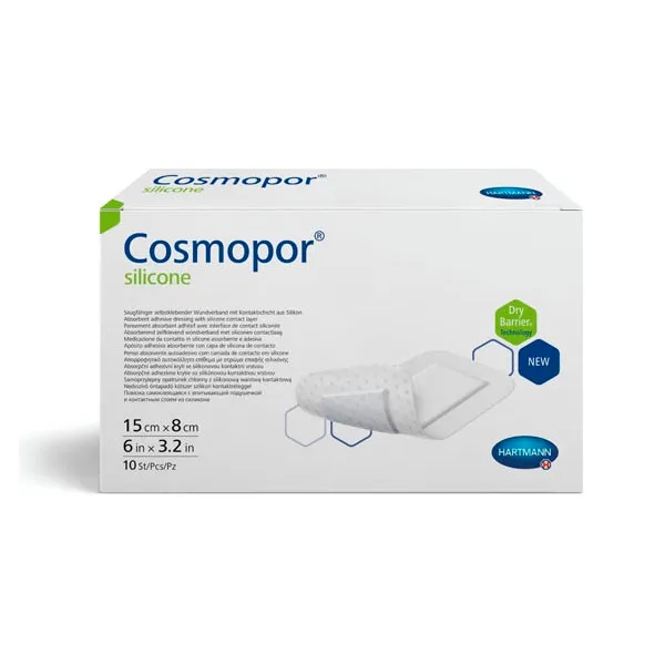 COSMOPOR SILICONE ПОВЯЗКА ПЛАСТЫР ТИПА ВПИТЫВ С КОНТАКТНЫМ СЛОЕМ ИЗ СИЛИКОНА ПОВЯЗКИ ПЛАСТЫРНОГО ТИПА 15 СМX8 СМ №10