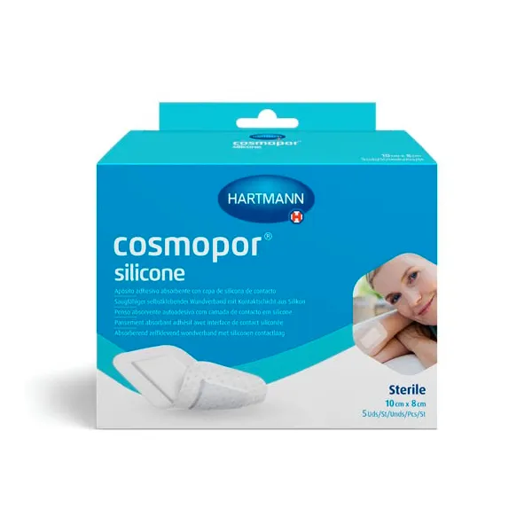 COSMOPOR SILICONE ПОВЯЗКА ПЛАСТЫР ТИПА ВПИТЫВ С КОНТАКТНЫМ СЛОЕМ ИЗ СИЛИКОНА ПОВЯЗКИ ПЛАСТЫРНОГО ТИПА 10 СМX8 СМ   №5