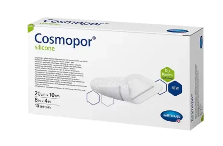 COSMOPOR SILICONE ПОВЯЗКА ПЛАСТЫР ТИПА ВПИТЫВ С КОНТАКТНЫМ СЛОЕМ ИЗ СИЛИКОНА ПОВЯЗКИ ПЛАСТЫРНОГО ТИПА 10 СМX20 СМ   №10