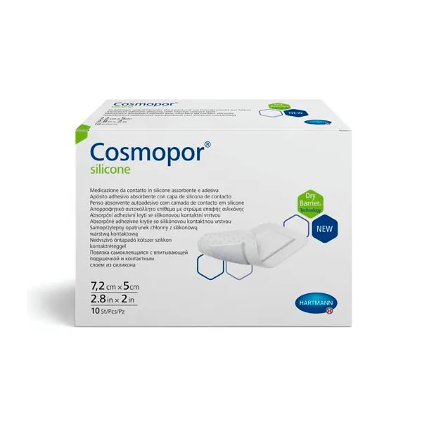 COSMOPOR SILICONE ПОВЯЗКА ПЛАСТЫР ТИПА ВПИТЫВ С КОНТАКТНЫМ СЛОЕМ ИЗ СИЛИКОНА ПОВЯЗКИ ПЛАСТЫРНОГО ТИПА 5 СМX7,2 СМ №10