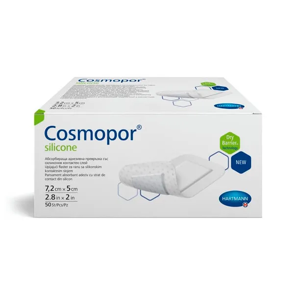 COSMOPOR SILICONE ПОВЯЗКА ПЛАСТЫР ТИПА ВПИТЫВ С КОНТАКТНЫМ СЛОЕМ ИЗ СИЛИКОНА ПОВЯЗКИ ПЛАСТЫРНОГО ТИПА 5 СМX7,2 СМ №50