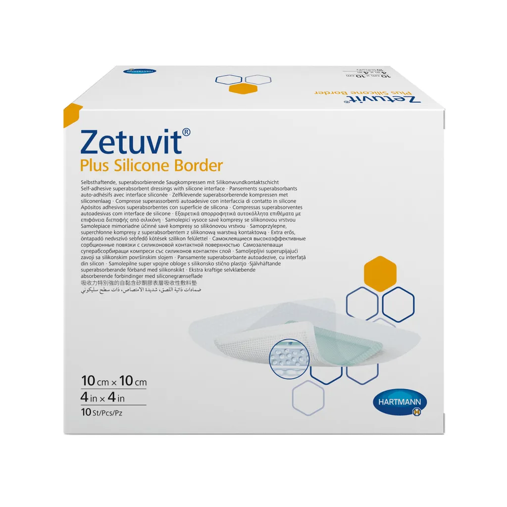 ZETUVIT PLUS SILICONE BORDER ПОВЯЗКА САМОКЛЕЯЩАЯСЯ СУПЕРАБСОРБИРУЮЩАЯ СИЛИКОНОВЫЙ СЛОЙ ПОВЯЗКИ ПЛАСТЫРНОГО ТИПА 10 СМX10 СМ   №10
