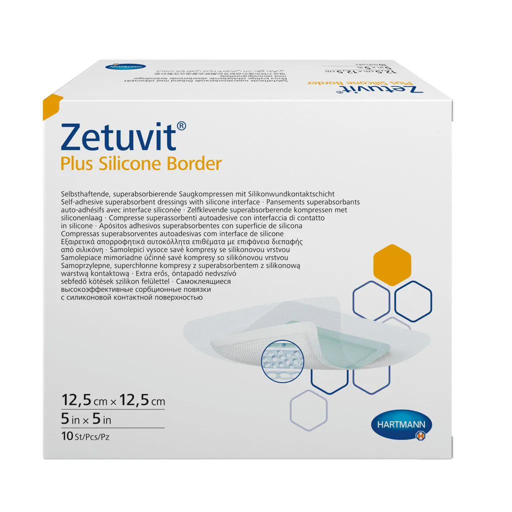 ZETUVIT PLUS SILICONE BORDER ПОВЯЗКА САМОКЛЕЯЩАЯСЯ СУПЕРАБСОРБИРУЮЩАЯ СИЛИКОНОВЫЙ СЛОЙ ПОВЯЗКИ ПЛАСТЫРНОГО ТИПА 12,5 СМX12,5 СМ №10