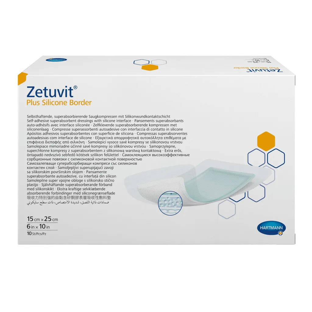 ZETUVIT PLUS SILICONE BORDER ПОВЯЗКА САМОКЛЕЯЩАЯСЯ СУПЕРАБСОРБИРУЮЩАЯ СИЛИКОНОВЫЙ СЛОЙ ПОВЯЗКИ ПЛАСТЫРНОГО ТИПА 15 СМX25 СМ №10