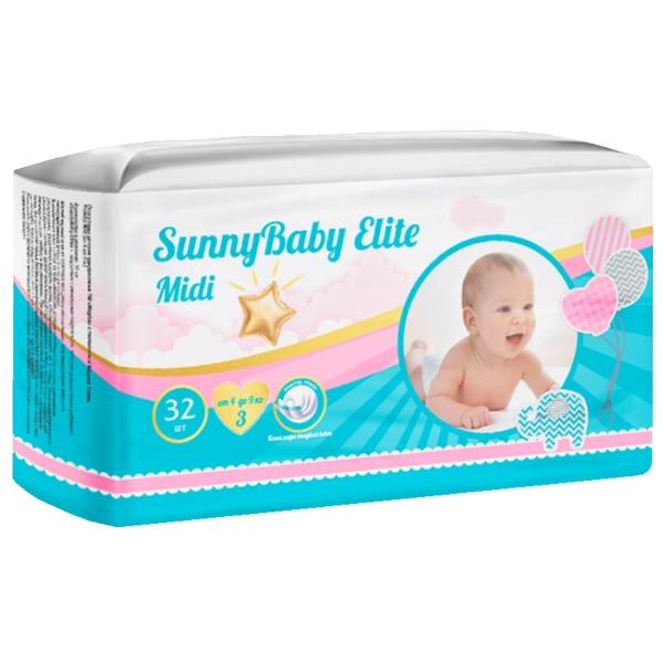 ТМА (АПРЕЛЬ) SUNNYBABY ELITE ПОДГУЗНИКИ ДЕТСКИЕ ПОДГУЗНИКИ ДЕТСКИЕ MIDI (4-9 КГ)   №32