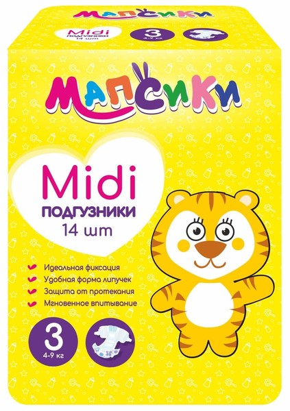 МАПСИКИ ПОДГУЗНИКИ ДЕТСКИЕ MIDI (4-9КГ) ПОДГУЗНИКИ ДЕТСКИЕ MIDI (4-9КГ)    №14