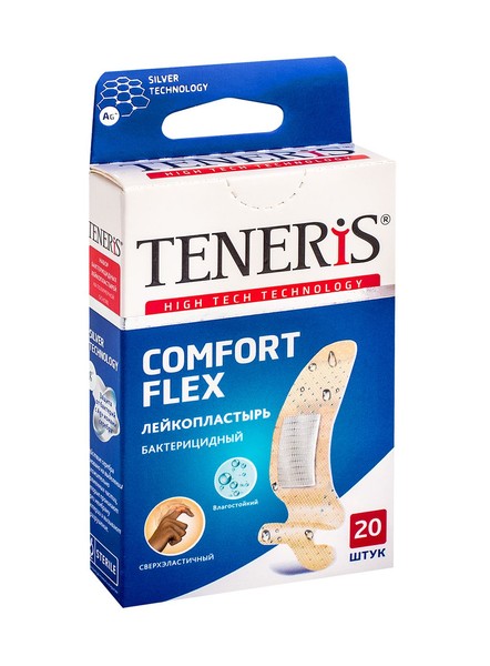 TENERIS ЛЕЙКОПЛАСТЫРЬ COMFORT FLEX БАКТЕРИЦ СУПЕРЭЛАС ПОЛИМЕР/ОСНОВА С ИОНАМИ СЕРЕБРА ПЛАСТЫРЬ   №20