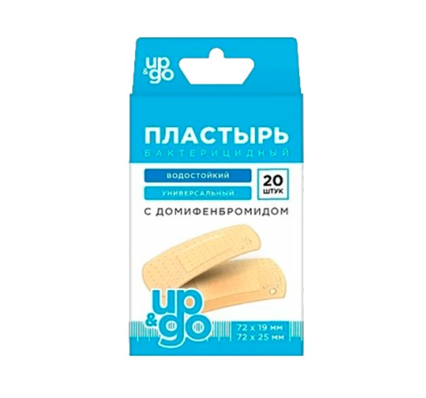 UP&GO ПЛАСТЫРЬ БАКТЕРИЦИД С ДОМИФЕНБРОМИДОМ ВОДОСТОЙК УНИВЕРСАЛ 2 РАЗМЕРА ПЛАСТЫРЬ НА НЕТКАНОЙ ОСНОВЕ №20