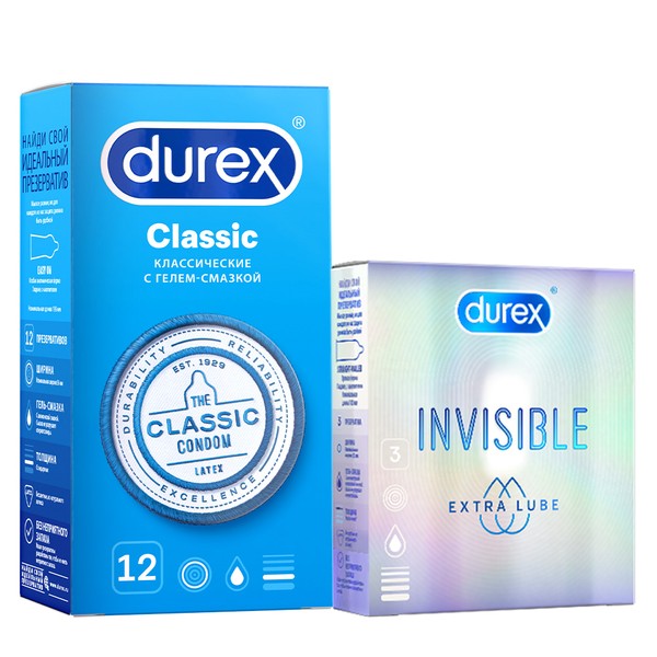 DUREX ПРЕЗЕРВАТИВЫ НАБОР (CLASSIC 12 ШТ + INVISIBLE EXTRA LUBE 3 ШТ) ПРЕЗЕРВАТИВ    №1