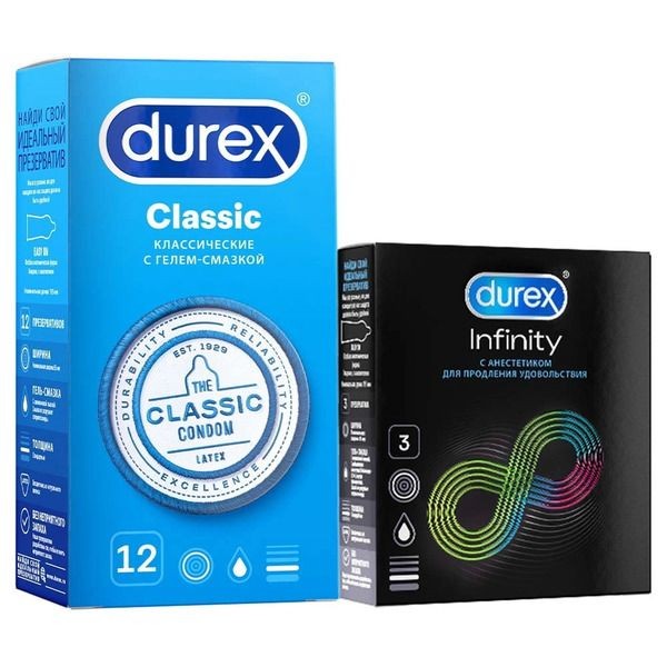 DUREX ПРЕЗЕРВАТИВЫ НАБОР (CLASSIC 12 ШТ + INFINITY С АНЕСТЕТИКОМ 3 ШТ) ПРЕЗЕРВАТИВ    №1
