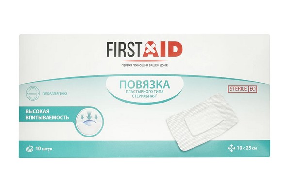 FIRSTAID/ФЕРСТЭЙД ПОВЯЗКА ПЛАСТЫРНОГО ТИПА СТЕРИЛЬНАЯ ПОВЯЗКИ ПЛАСТЫРНОГО ТИПА 10 СМX25 СМ   №10