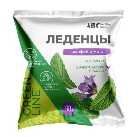 ABC HEALTHY FOOD GREEN LINE С ЦИНКОМ/ВИТ C Б/САХАРА ЛЕДЕНЦЫ [ШАЛФЕЙ-МЯТА]  60 Г №1