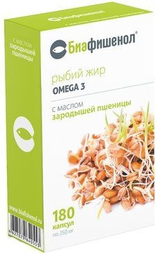 БИАФИШЕНОЛ РЫБИЙ ЖИР С МАСЛОМ ЗАРОДЫШЕЙ ПШЕНИЦЫ КАПСУЛЫ  0,35 Г №180