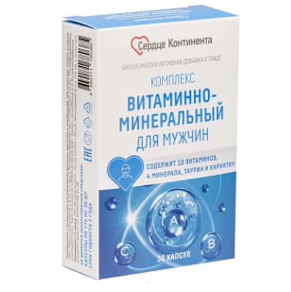 СЕРДЦЕ КОНТИНЕНТА ВИТАМИННО-МИНЕРАЛЬНЫЙ КОМПЛЕКС ДЛЯ МУЖЧИН КАПСУЛЫ  775 МГ №30