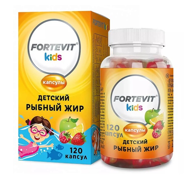 FORTEVIT/ФОРТЕВИТ КИДС РЫБНЫЙ ЖИР ДЕТСКИЙ КАПСУЛЫ ЖЕВАТЕЛЬНЫЕ [ФРУКТОВО-ЯГОДНЫЕ]    №120