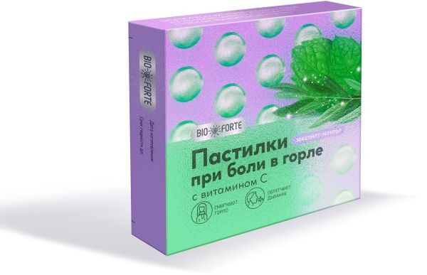 BIOFORTE/BIO FORTE ПРИ БОЛИ В ГОРЛЕ С ВИТАМИНОМ С ПАСТИЛКИ [МЕНТОЛ-ЭВКАЛИПТ]  3 Г №9