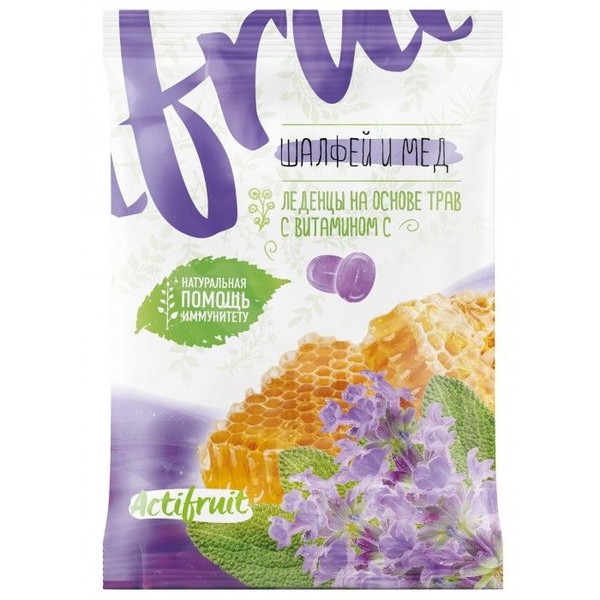 ACTIFRUIT/АКТИФРУТ КАРАМЕЛЬ С ВИТАМИНОМ С ЛЕДЕНЦЫ [МЕД-ШАЛФЕЙ]  60 Г №1