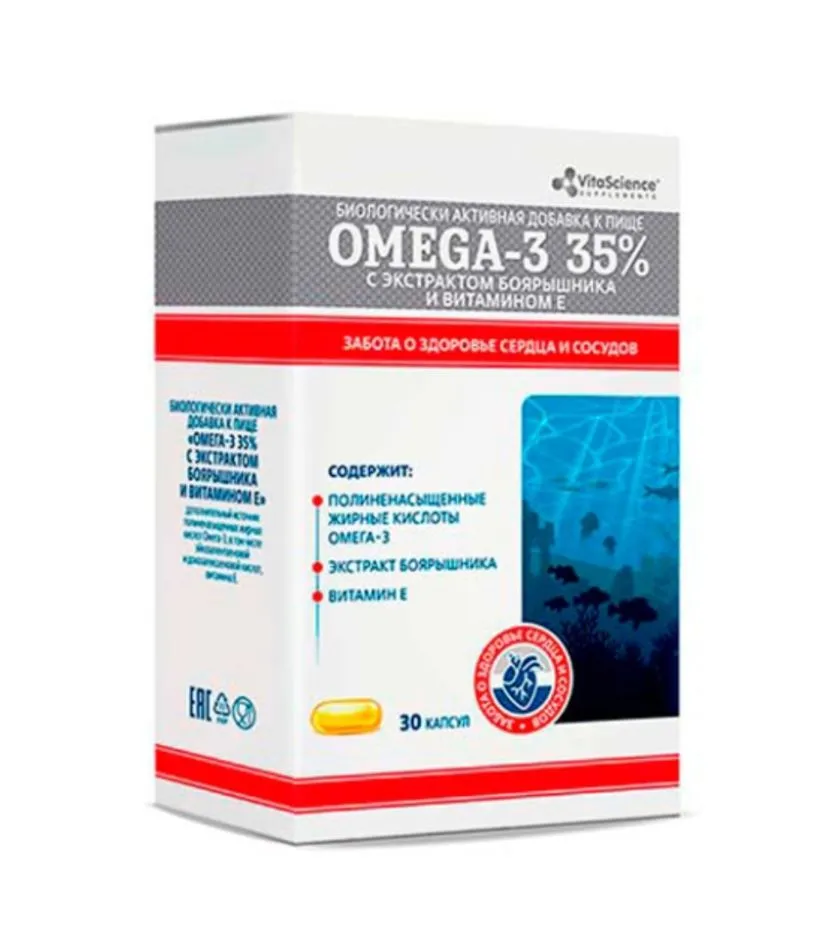 VITALIFE/VITASCIENCE ОМЕГА-3 35% С ЭКСТРАКТОМ БОЯРЫШНИКА И ВИТАМИНОМ Е КАПСУЛЫ    №30