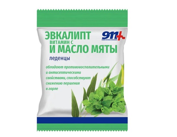 911 ЛЕДЕНЦЫ ЭВКАЛИПТ/МАСЛО МЯТЫ С ВИТАМИНОМ С ЛЕДЕНЦЫ  50 Г №1