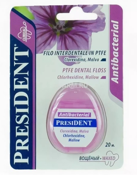 PRESIDENT ЗУБН НИТЬ PHYTOFLOSS ANTIBACTERIAL ВОЩЕНАЯ С МАЛЬВОЙ ЗУБНАЯ НИТЬ 20 М №1